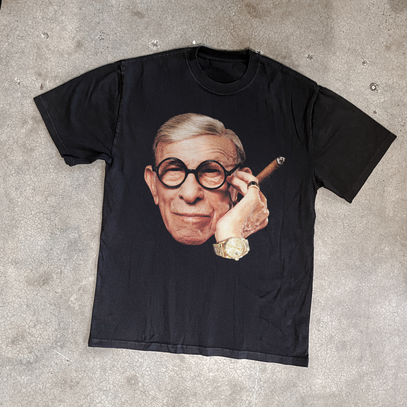 'George Burns' Cigar Heavy Faded Black Tee