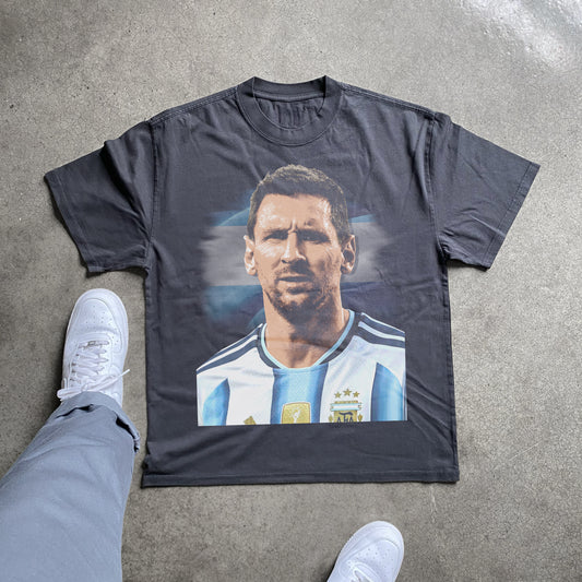 Lionel Messi Argentina Big Head Heavyweight Black T-Shirt