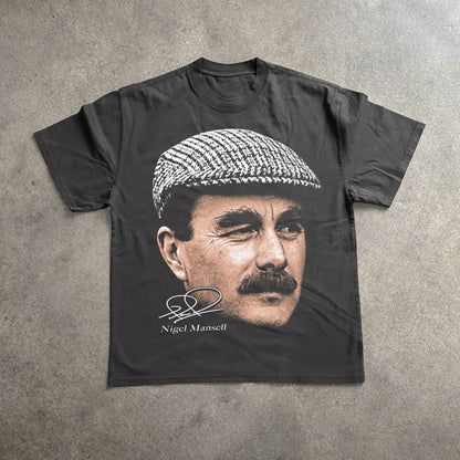 NIGEL MANSELL F1 LEGEND BIG HEAD HEAVYWEIGHT BLACK T-SHIRT