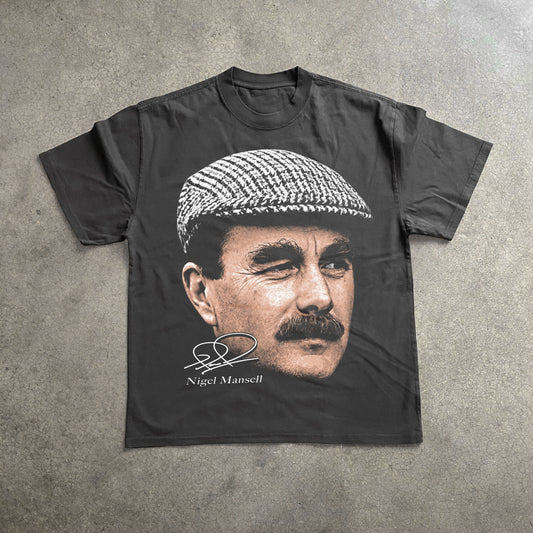 NIGEL MANSELL F1 LEGEND BIG HEAD HEAVYWEIGHT BLACK T-SHIRT